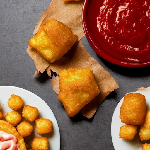 Image similar to food photo of channing tatum's face on top of giant tater tot on a plate with ketchup