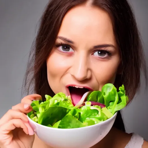 Prompt: happy woman eating salad, stock photograph, studio lighting, 4k, beautiful symmetric face, beautiful gazing eyes