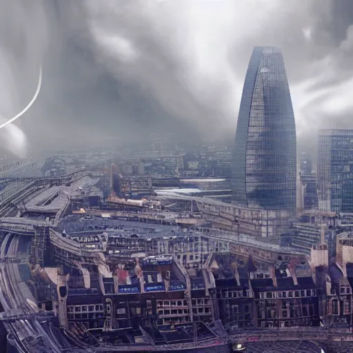 Prompt: movie still of a black hole destroying london 4 k, part of buildings flying into the black hole, post apocalypse