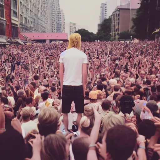 Prompt: kodak portra 4 0 0 photograph of a skinny blonde guy standing in crowd of black and white people, back view, flower crown, moody lighting, telephoto, 9 0 s vibe, blurry background, vaporwave colors, faded!,