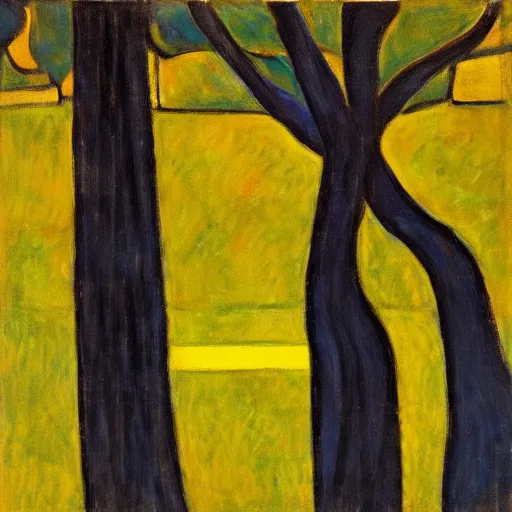 Image similar to a painting of trees with a yellow background, an art deco painting by mondrian, featured on pixiv, synthetism, fauvism, creative commons attribution, academic art