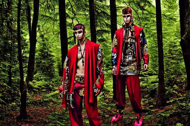 Image similar to versace avant garde male toga intricate textiles streetwear cyberpunk posing in the woods trees cloudy overcast dark late evening dramatic 3 5 mm professional color