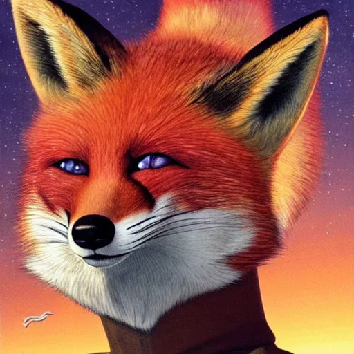 Prompt: a portrait of fox mccloud by peter elson, furry art : he is looking to the side, profile, with a sci fi city background by syd dutton