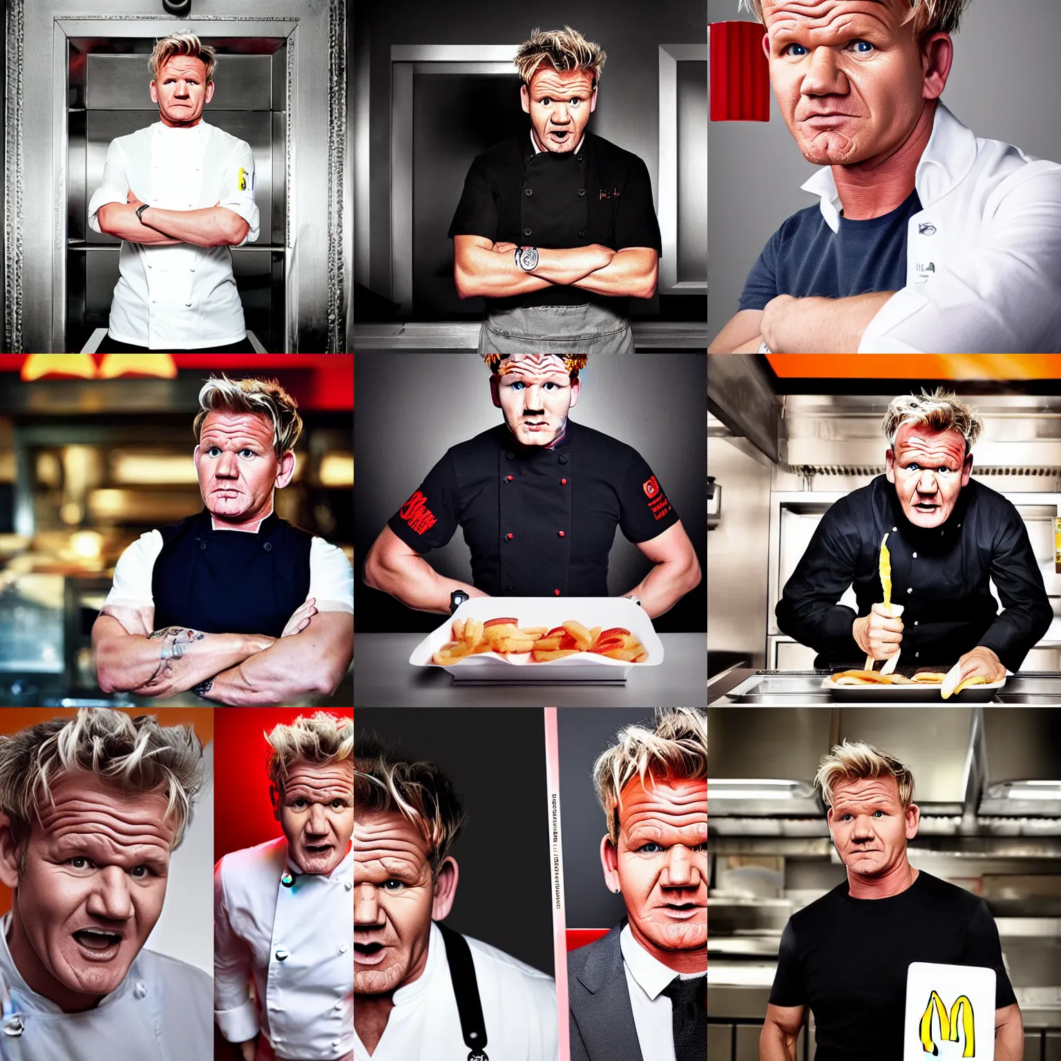 Prompt: Gordon Ramsay furious that he's working at McDonalds, portrait photograph, award winning, brilliant colors