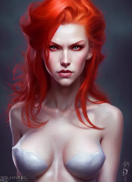 Prompt: d & d concept art of gorgeous woman with half white half red hair in the style of stefan kostic, realistic, half body shot, sharp focus, 8 k high definition, insanely detailed, intricate, elegant, art by stanley lau and artgerm, foggy backgeound, fantasy