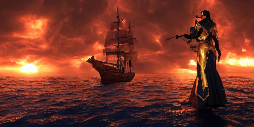 Image similar to medieval woman ship pilot from behind standing on a single ship at sea, dramatic golden neon sunset with tornado wall, wearing shiny breastplate, dynamic lighting, surreal, HD 4k, artstation