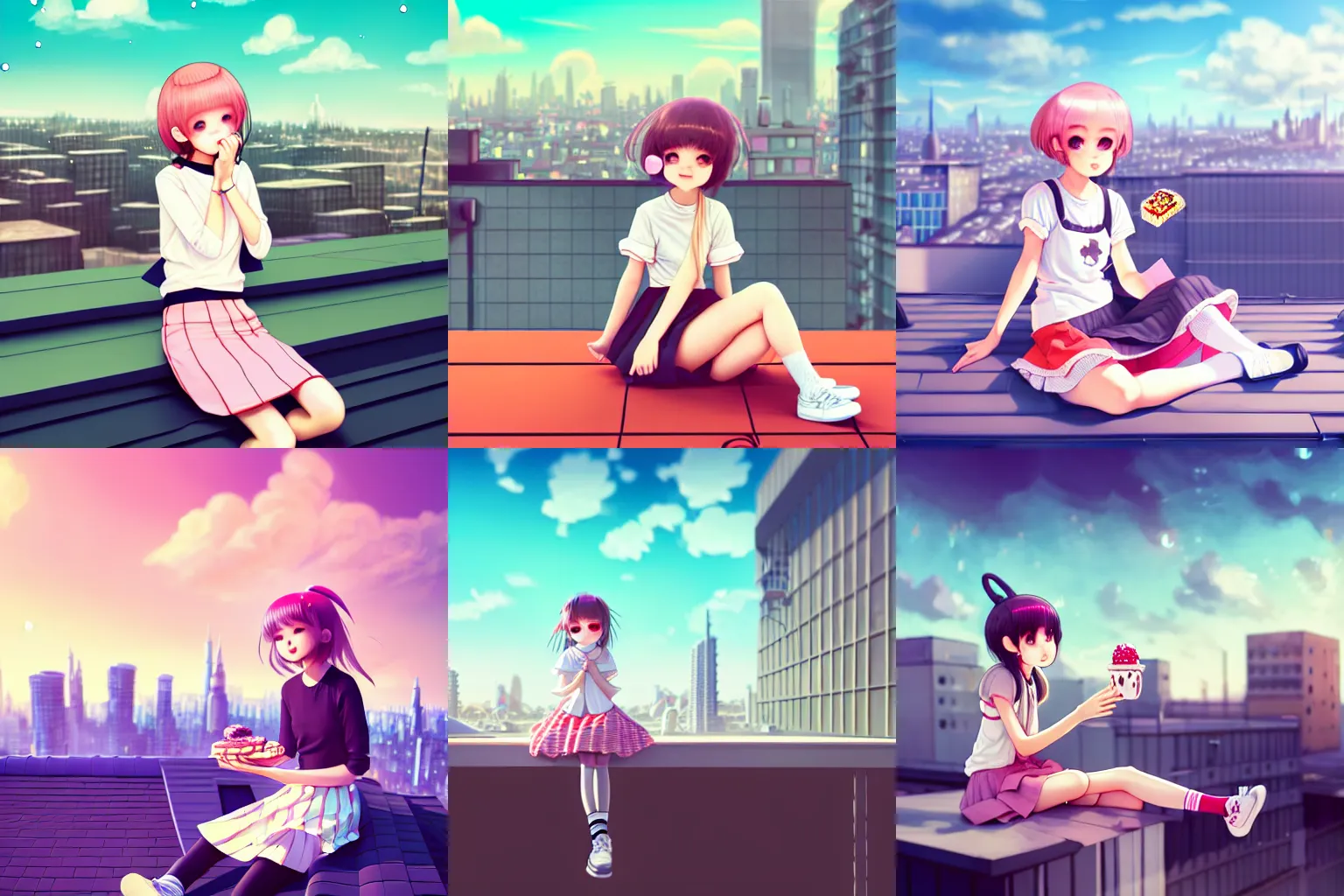 Prompt: girl sitting on a rooftop, cute kawaii girl, wearing skirt and high socks, having a snack, looking up, magic eyes, digital art, concept art, best of 2023 on artstation style, simulation, structure, fine, wide angle, natural light, volumetric, behind is a large scale city