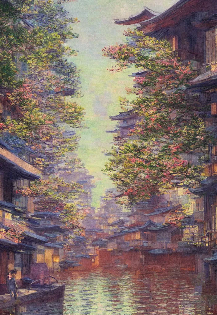 Image similar to a beautiful japanese city near the sea, amazing ryokans and gorgeous edo era houses, epic cyberpunk, lofi vibe, colorful, vivide colors, amazing light, really beautiful nature, oil painting in impressionist style, by jeremy lipkin, by claude monet, by makoto shinkai, multiple brush strokes, inspired by ghibli, masterpiece, beautiful