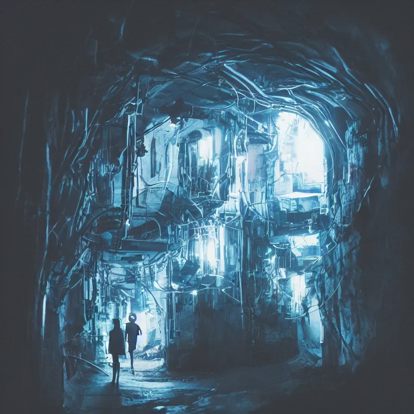 Image similar to a person in a dark tunnel with a light on, cyberpunk art by Elsa Bleda, trending on cg society, light and space, dystopian art, futuristic, circuitry