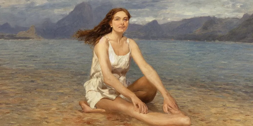 Image similar to portrait of French female model Myrtille Revemont on the beach in Moorea, ((on a breezy afternoon)), at the sunset, very detailed, smooth, art by William Buguereau