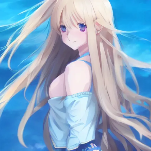 Image similar to a very beautiful anime cute girl, full body, long wavy blond hair, sky blue eyes, full round face, short smile, fancy top, miniskirt, front view, medium shot, mid-shot, highly detailed, cinematic wallpaper by Stanley Artgerm Lau