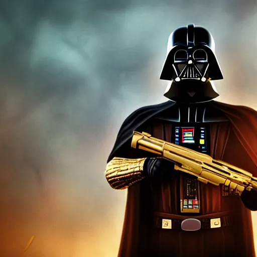 Prompt: gold bordered portrait of darth vader holding a golden ak - 4 7, hyper realistic, surreal, gothic, cyberpunk, nightcore, 4 k, highly detailed, beautifully rendered