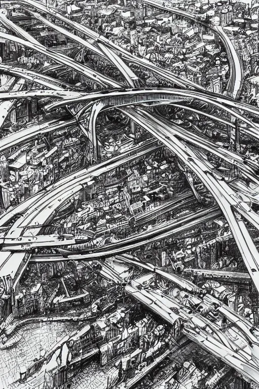 Image similar to The world's most intricate and detailed drawing of a highway intersection after world War , by Kim Jung GI. HD.