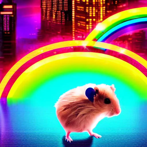 Prompt: hamster in a rainbow cyberpunk city with bright neon lights, 8 k, hd, light reflection