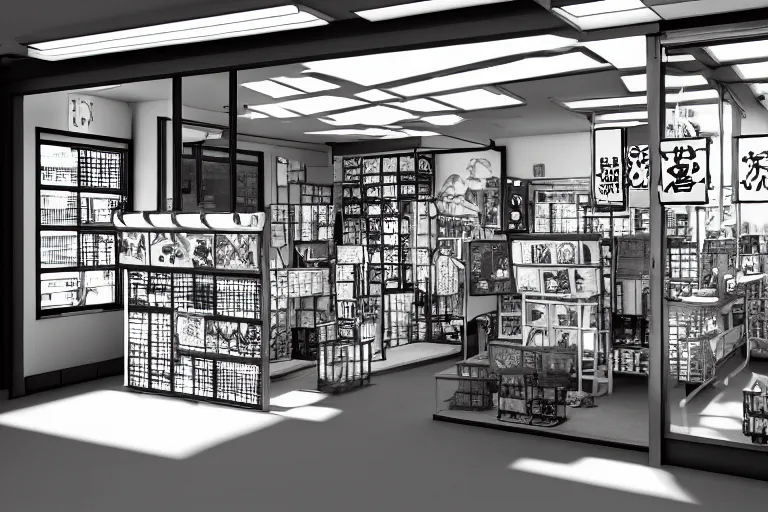 Image similar to still photo of a japanese street anime shop, black and white color aesthetic, highly detailed, photorealistic portrait, bright studio setting, studio lighting, crisp quality and light reflections, unreal engine 5 quality render