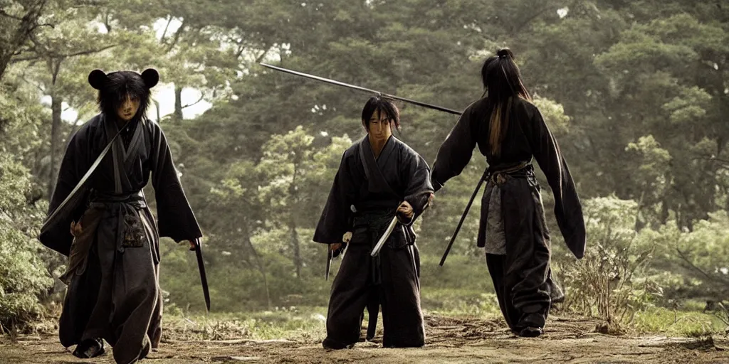 Image similar to scene from Rurouni Kenshin Origins, 2012, movie still, cinematic, anthropomorphic, half man half asian black bear, black bear samurai, Moon Bear Samurai, epic, samurai