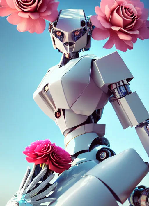 Image similar to mecha holding perfume bottle blooming from corals, daisies, roses contoured smooth fair walls carrying perfume bottle, up close shot, sharp focus, global illumination, radiant light, alexandre ferra white mecha, irakli nadar, octane highly render, 4 k, ultra hd,