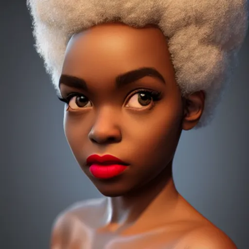 Image similar to young, super cute funky black girl, afro, off the shoulder shirt, sultry look, soulful, pouty lips, adorable, disney, real life, octane render, 8 k, volumetric lights, rim light, character details, 3 d, award winning, model, beautiful, gorgeous