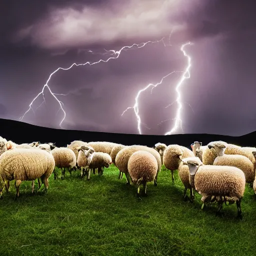 Prompt: a huge flock of sheep, rolling green hills, nighttime, darkness, rain clouds, powerful lightning strikes, ominous, ornate, rich color, intricate, highly detailed, national geographic photograph, wide angle, art, smooth, sharp focus, 8 k octane render