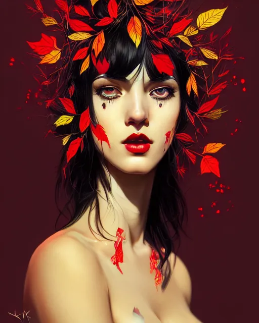 Image similar to highly detailed ugly hippie, black hair, flying leaves on backround, symmetrical, red lips, paint by ilya kuvshinov and anna dittman trending on artstation, intricate details, energetic composition, golden ratio, concept art, illustration, elegant art