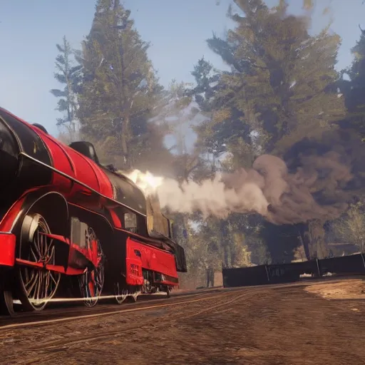 Image similar to futuristic sleek steam locomotive in red dead redemption 2