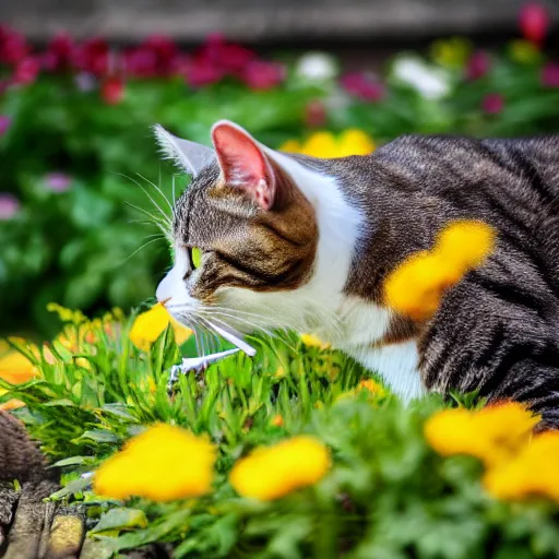 Image similar to Cat eating a flower on a flowerbed, 40nm, shallow depth of field, split lighting, 4k,