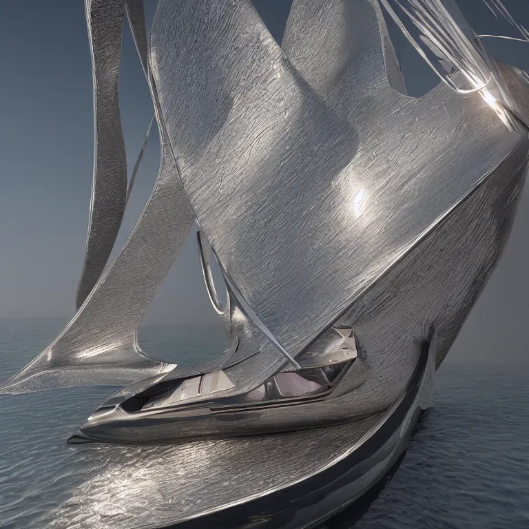 Image similar to octane render portrait by wayne barlow and carlo crivelli and glenn fabry, a futuristic sailboat with sails made out of shiny reflective iridescent aluminum foil, windy sea swells, sea foam, ultra - detailed, ray traced lighting, very short depth of field, bokeh