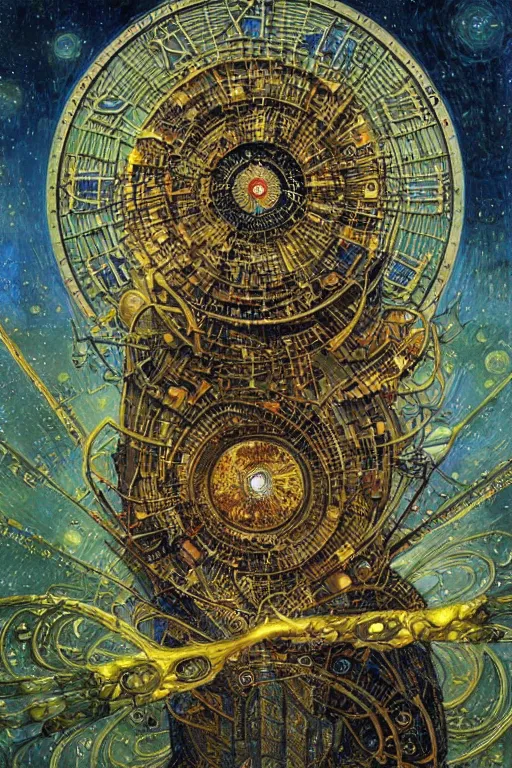 Image similar to The Tomorrow Machine by Karol Bak, Jean Deville, Gustav Klimt, and Vincent Van Gogh, otherworldly, fractal structures, arcane, clockface, spiral clock, inferno, inscribed runes, ornate gilded medieval icon, third eye, spirals