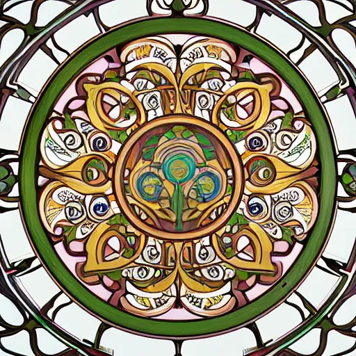 Image similar to huge 3 d plasterwork mural colourful detailed ornamental abstract art nouveau large circle, detailed nature textures, full sized centered circle, art by alphonse mucha and walter crane and louis sullivan and william morris, 8 k octane render