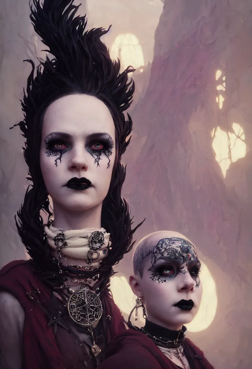 Image similar to beautiful very extreme closeup portrait, goth girl, piercings collar, mohawk hairstyle, medieval dress. witch, makeup. unreal engine, greg rutkowski, loish, rhads, beeple, tom bagshaw, alphonse mucha, global illumination, detailed and intricate environment