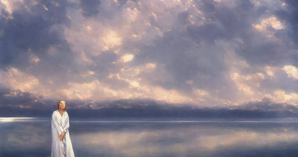 Prompt: a beautiful woman in flowing white robes stands at the end of a long pier a mirror calm lake under an onimous sky under a stormy sky, beautiful matte painting, michael whelan, Moebius, frank frazetta, thomas kinkade, rodney mathews, trending on artstation