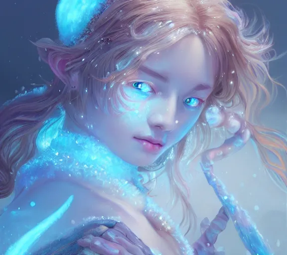 Prompt: beautiful ancient frost witch, pastel fire in eye, snow glow, pool party, highly detailed, digital painting, artstation, sharp focus, illustration, art by tan zi and ayanamikodon and alphonse mucha and wlop