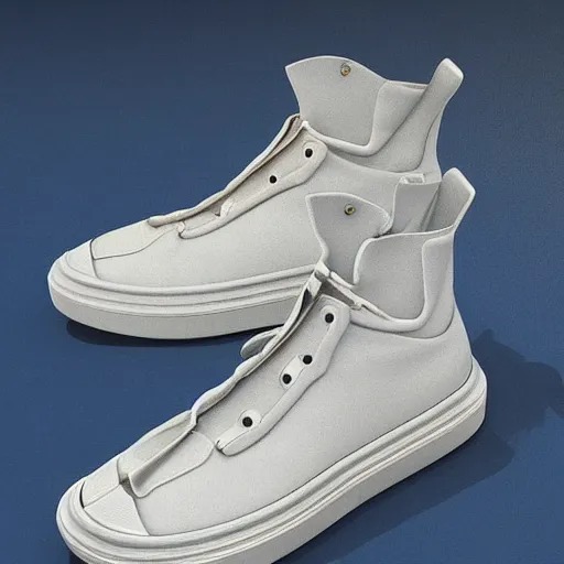 Image similar to futuristic balenciaga and vetements sneakers in the bosch style on gradient background, ultra rendered extreme realism and detail, 8 k, highly detailed, realistic, completely framed, pbr, hyper realistic, photorealistic, sharp focus,