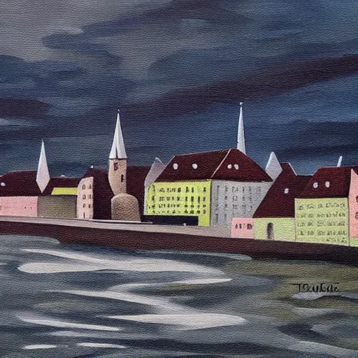 Image similar to very abstract painting of the rhine in basel, the munster in the background, muted greyscale colors, great composition