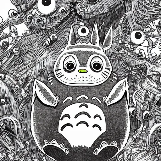Prompt: Totoro, by Joe Fenton, sharp, very detailed, intricate, wild, highly detailed, concept art, sharp focus, illustration, digital art, 8k, octane render, masterpiece, artstation