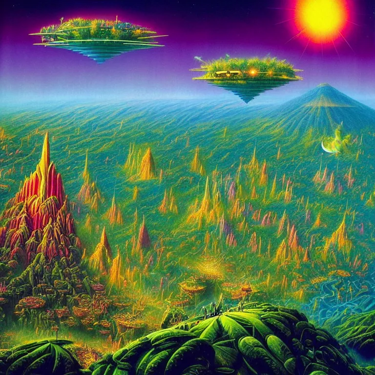 Image similar to cosmic flying cities sailing over lush rainforest mountaintops, synthwave, bright neon colors, highly detailed, cinematic, tim white, vladimir kush, philippe druillet, roger dean, bob eggleton, michael whelan, boris vallejo, alfred kelsner, kubrick, jaroslaw jasnikowski