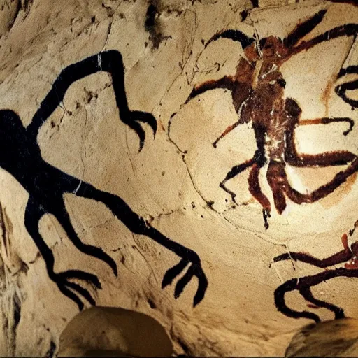 Image similar to a cave painting of spiderman, drum pads, maschine. lascaux cave paintings, chauvet