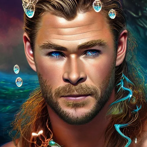 Prompt: chris hemsworth portrait, fantasy, mermaid, hyperrealistic, game character, underwater, highly detailed, cinematic lighting, pearls, glowing hair, shells, gills, crown, water, highlights, starfish, jewelry, realistic, digital art, pastel, magic, fiction, ocean, king, colorful hair, sparkly eyes, fish, heroic, god, waves, bubbles ”