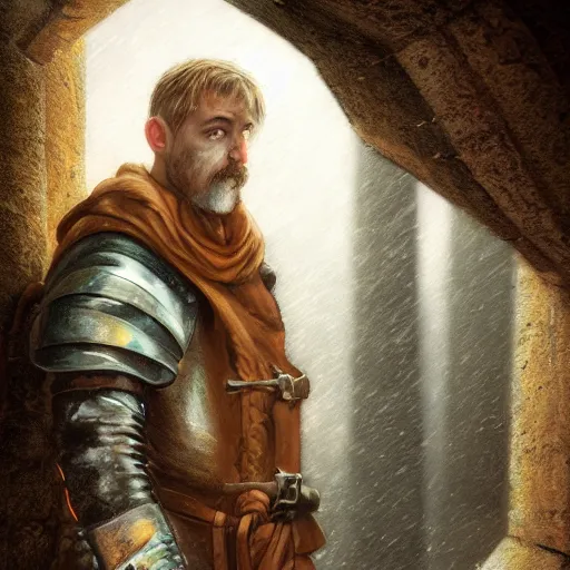 Prompt: portrait of an adventurer, illustration by michael wellen, john stephens, in a medieval city, tone mapping, stormy weather, sleet, trending on artstation