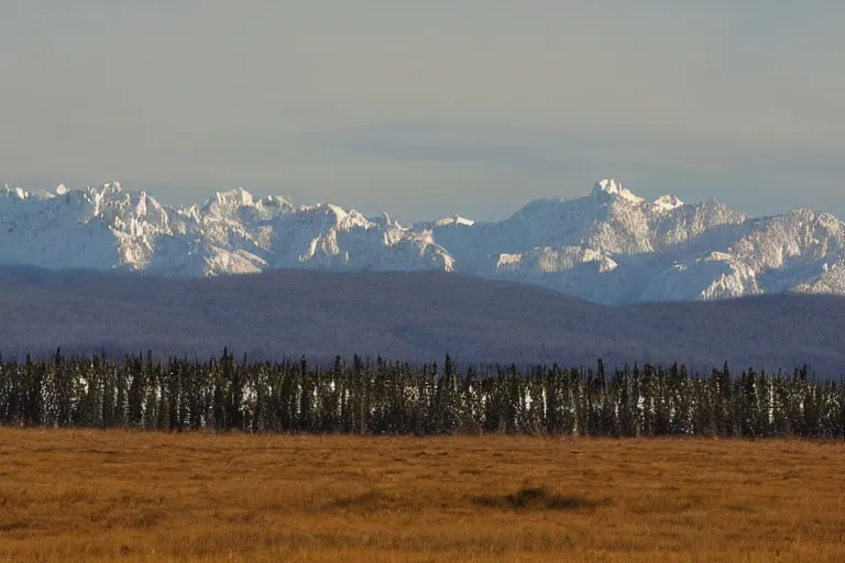 Image similar to long distance photo of snowy shrek range rising from swampy plains