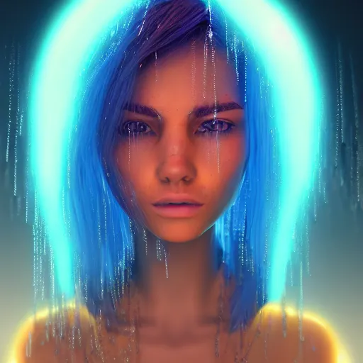 Image similar to angel spirit guide, cartoon portrait made out of rain, realistic, highly detailed, neon, rendered in octane, unreal engine, beautiful, trending on artstation,