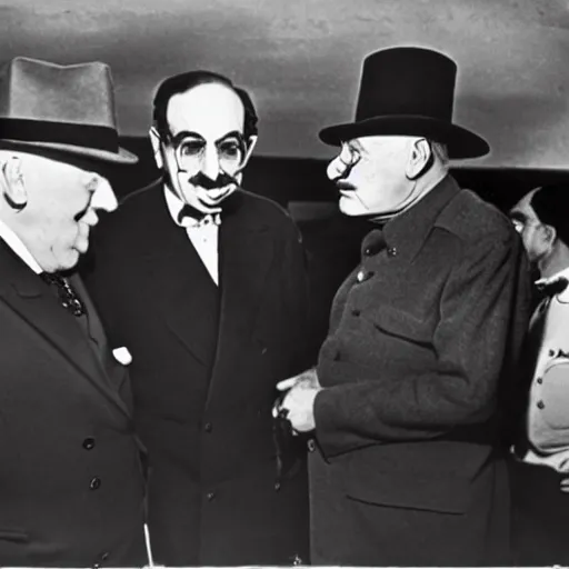 Prompt: groucho marx with winston churchill and stalin sitting at the yalta conference, photograph from 1 9 4 5