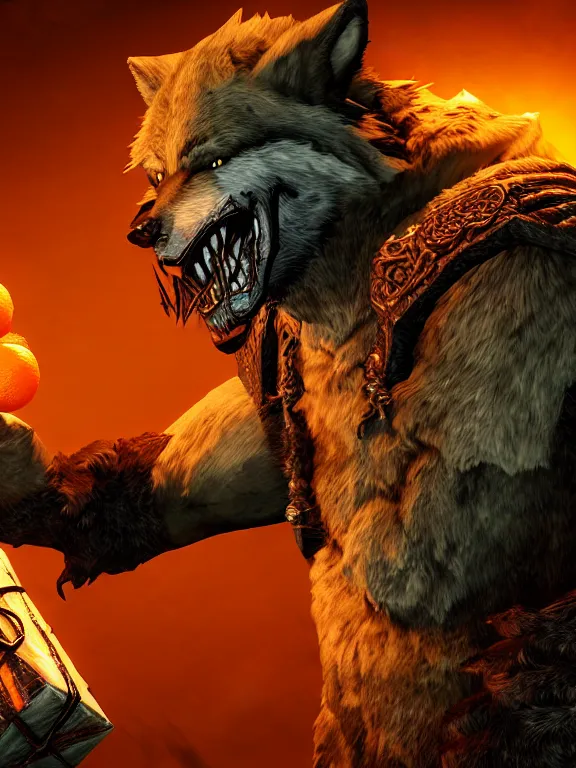 Prompt: cute handsome cuddly burly surly relaxed calm timid werewolf from van helsing holding a present gift unreal engine hyperreallistic render 8k character concept art masterpiece screenshot from the video game the Elder Scrolls V: Skyrim deep vibrant gold citrus orange