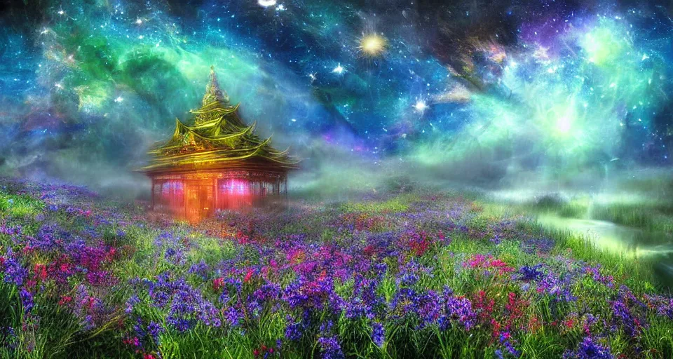 Prompt: a large mystic shrine shrouded by mystic nebula magic in a field of flowers, mad dog jones, breath - taking beautiful flowers, streams, nebula, and mist, an aesthetically pleasing, dynamic, energetic, lively, complex, intricate, detailed, well - designed digital art of magic, streams, flowers, and mist, early morning, light and shadow