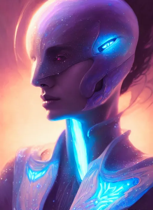 Image similar to a humanoid phantom adventurer made of liquefied stardust, dnd fantasy character, full body portrait, glowing neon skin, magical aura, ultra realistic, intricate, elegant, highly detailed, digital painting, artstation, smooth, sharp, focus, illustration, art by artgerm and greg rutkowski and alphonse mucha