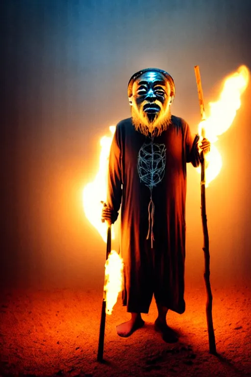 Image similar to full body shot of hanging old asian man with long beard, his head covered in roots, full face occult silver mask, bright multiple glowing eyes, holding a large carved wooden dark fractal stick, hanging upside down, thick smoke around him, in the burning soil desert, cinematic shot, wide angle, dark desert background, volumetric lighting by Denis Villeneuve, Lubezki, Gaspar Noe, Christopher Doyle and Alejandro Jodorowsky, anamorphic lens, anamorphic lens flares, kodakchrome, cinematic composition, practical effects, award winning photo, 8k