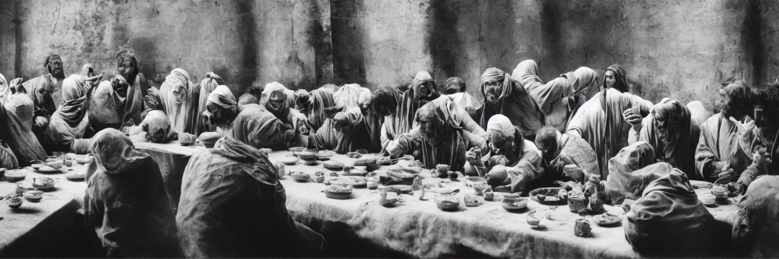 Prompt: Award Winning Editorial 84° wide-angle picture of a Tramps with bowed heads in a Soup Kitchen by David Bailey and daVinci, called 'The Last Supper', 85mm ND 5, perfect lighting, gelatin silver process