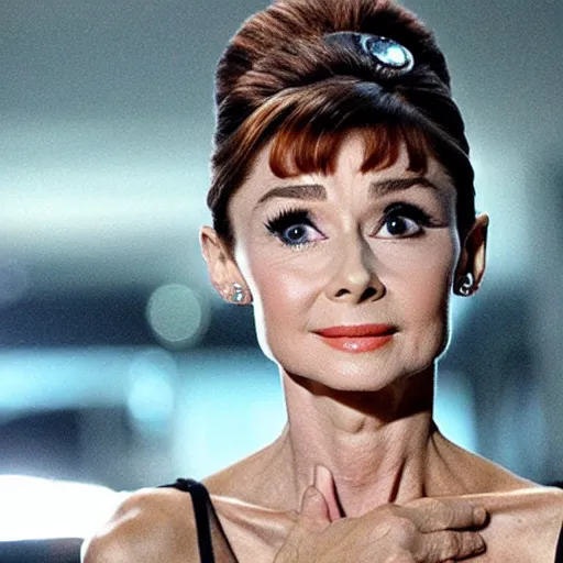 Prompt: still of Audrey Hepburn as back widow in iron man 2