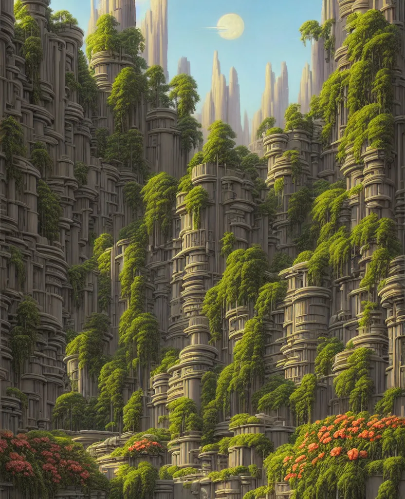 Prompt: reclaimed by nature by ralph mcquarrie inspired cityscape, highly detailed, flowers