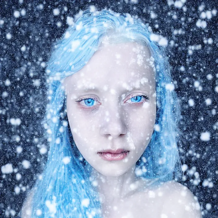 Image similar to a sickly looking young woman dying of hypothermia, with very white skin and pale blue hair wearing a long white dress made out of snowflakes in the middle of a heavy snowstorm. pale cold blue lips. full body digital portrait by maromi sagi